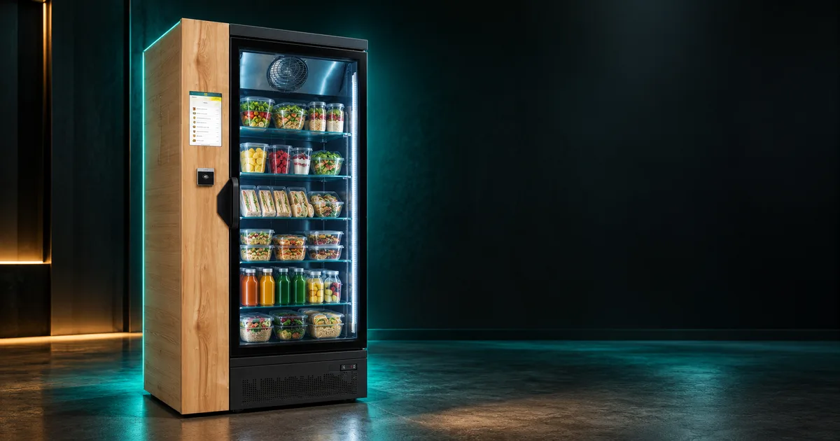 Frigo connecté Eat Machine rempli de produits frais, présenté dans un showroom sombre