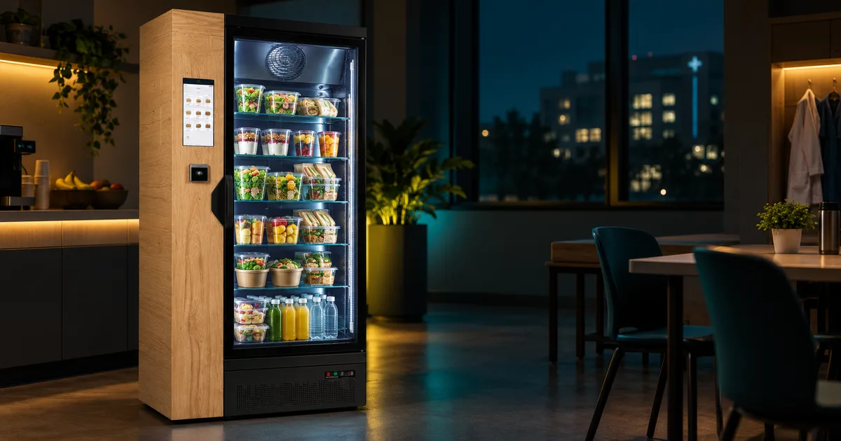 Frigo connecté Eat Machine dans une salle de repos d'hôpital, disponible jour et nuit