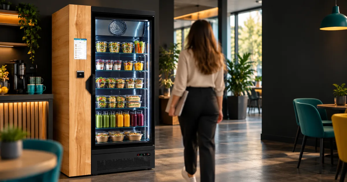 Frigo connecté Eat Machine dans un open-space, une salariée se dirige vers l'espace café