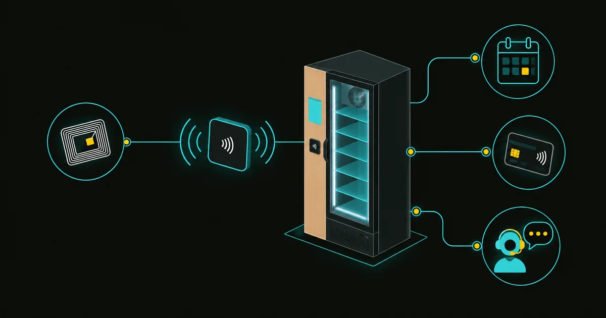 Illustration des notions clés du frigo connecté : RFID, antenne, DLC, paiement sans contact et assistance